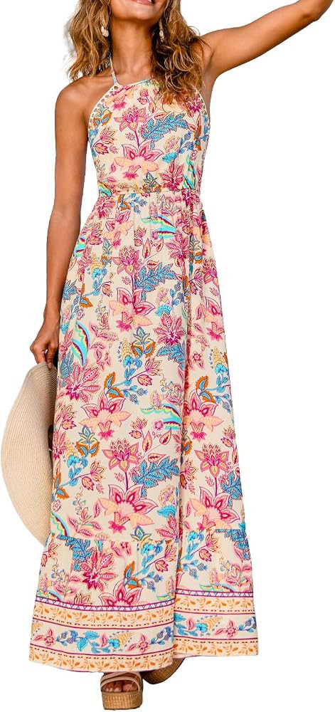 CUPSHE Women's Floral Halter Backless Smocked Beach Maxi Dress | Amazon (US)