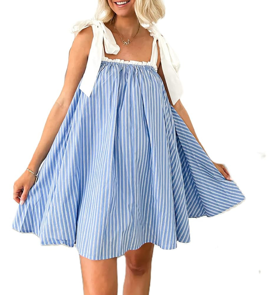 Women Floral Tie Shoulder Mini Dress Cute Square Neck Loose Fit Beach Short Dress Backless Boho V... | Amazon (US)