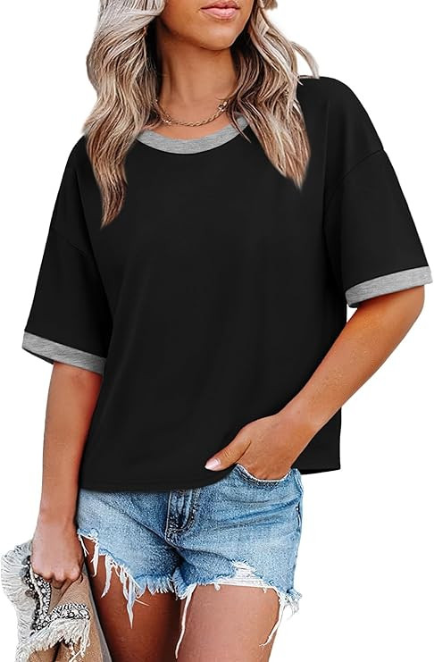WIHOLL Womens T Shirts Loose Fit Short Half Sleeve Crew Neck Oversized Tshirts Color Block Summer... | Amazon (US)