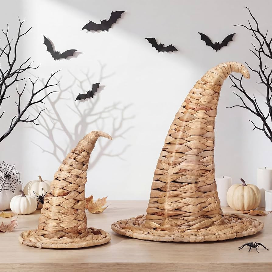 Vercraft 2 Pcs Woven Witch Hats Halloween Decoration Water Hyacinth Wicker Witch Hat Rattan Wicke... | Amazon (US)