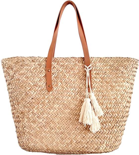 Straw Beach Tote Shoulder Bag Womens Large - Washable Lining Leather handle BEACH'D | Amazon (US)