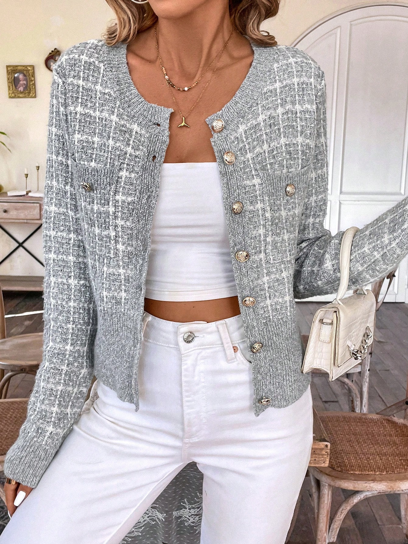 SHEIN LUNE Women's Plaid Button Down Cardigan | SHEIN