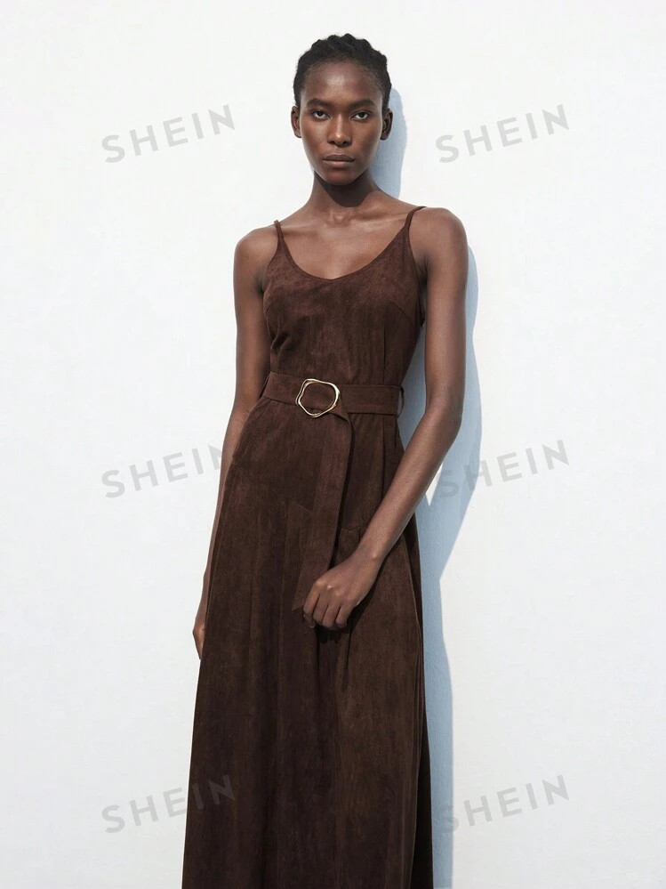 Maija Women's Suede Fleece Brown Dress With Metal Buckle Waist Design, Extra Long, Autumn/Winter ... | SHEIN