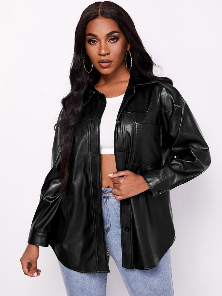 SHEIN Drop Shoulder Curved Hem PU Leather Blouse | SHEIN