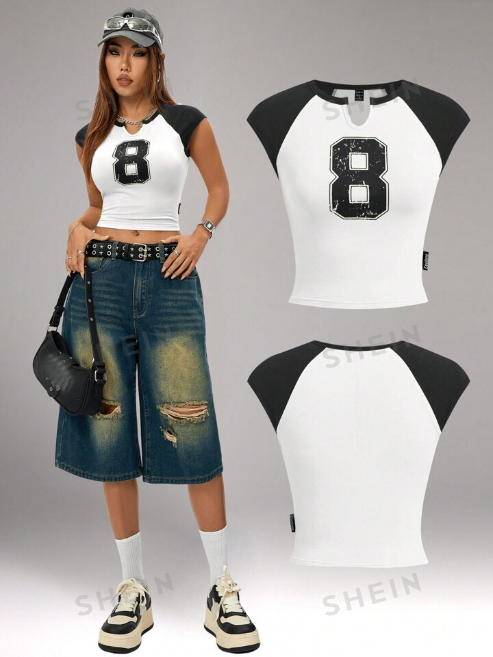 SHEIN Coolane Women's Spring/Summer Sport Number Printed Notched Bodysuit Slim Fit T-Shirt,Back T... | SHEIN