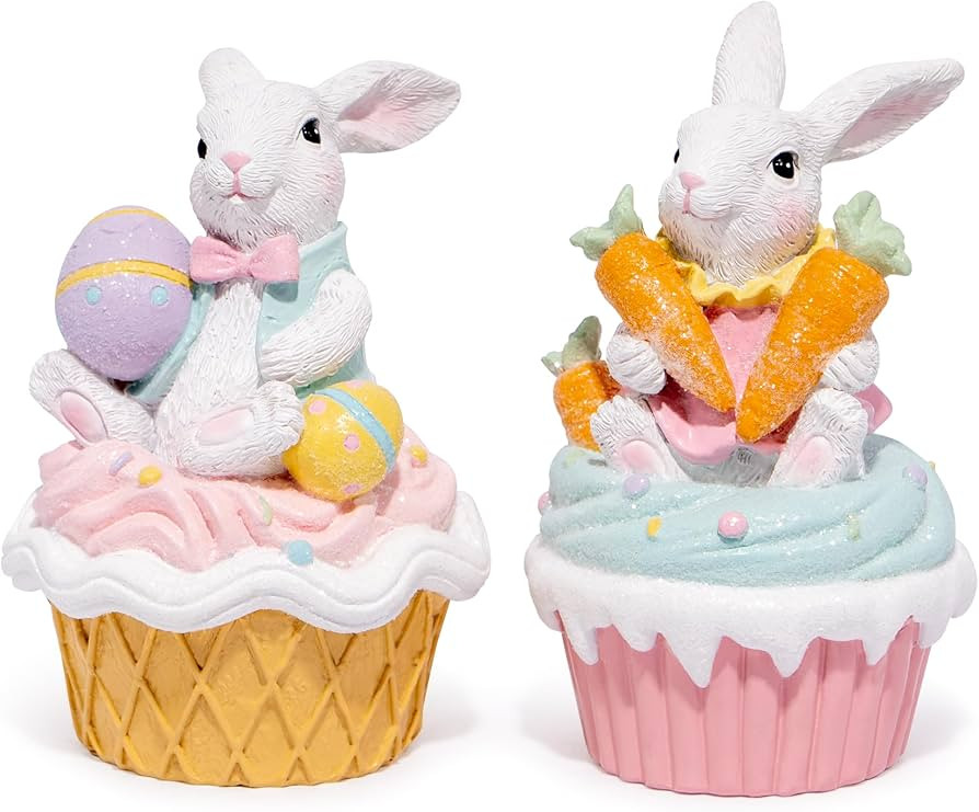 Hodao Easter Bunny Cupcake Figurines with Carrots and Eggs – Cute Spring Tabletop Decor for Eas... | Amazon (US)