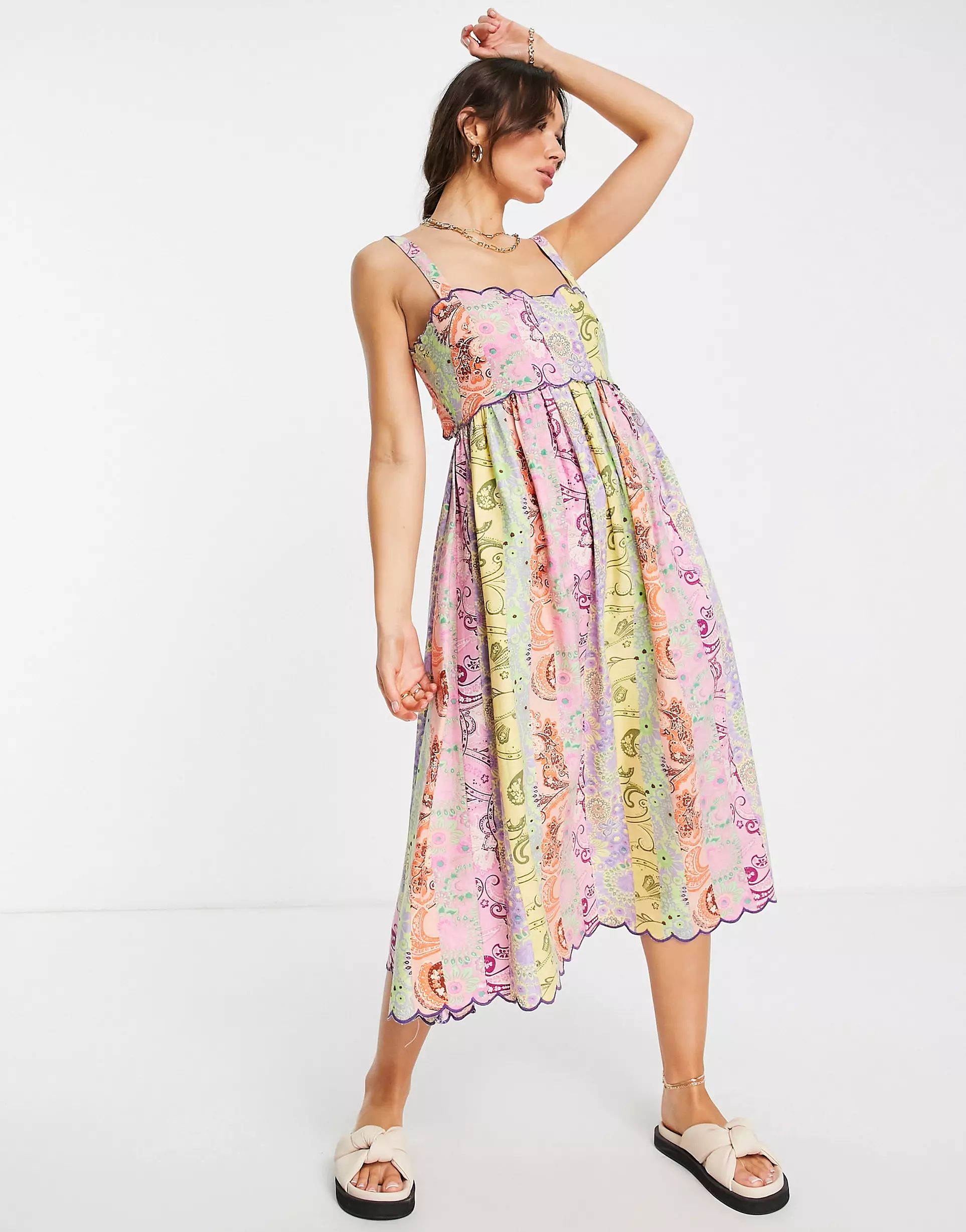 ASOS DESIGN scallop edge cut out back midi sundress in mixed paisley floral | ASOS (Global)