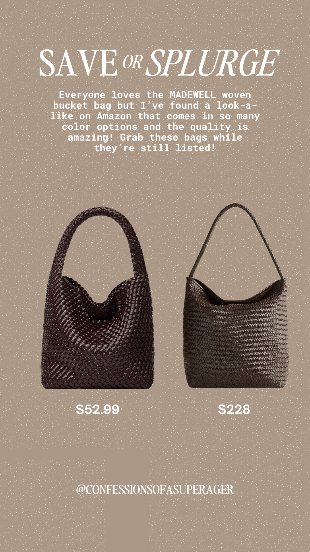 Save or splurge? 🤎 The viral woven bucket bag everyone loves from Madewell now has an amazing Amazon look-for-less that delivers the same chic, woven leather style for under $60! This timeless neutral handbag is perfect for spring outfits, everyday wear, travel, and elevating casual looks while keeping that effortless designer aesthetic. I linked both the Madewell splurge and the affordable Amazon dupe so you can choose your favorite—tap to shop before they sell out! #SaveOrSplurge #MadewellInspired #WovenBag #AmazonFinds #AffordableLuxury #DesignerInspired #NeutralStyle #EverydayHandbag #SpringStyle #LTKStyle #ConfessionsOfASuperager 

 

#LTKSpringSale #LTKOver40 #LTKSaleAlert