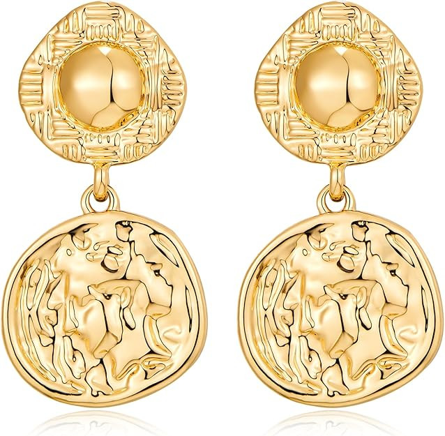Chunky Gold Earrings for Women - Hammered Gold Plated Dangle Drop Jewelry Gifts | Amazon (US)