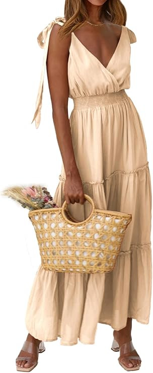 PRETTYGARDEN Women's Cross Neck Summer Sleeveless Tiered Maxi Dress Beach Tie Strap Smocked Long ... | Amazon (US)