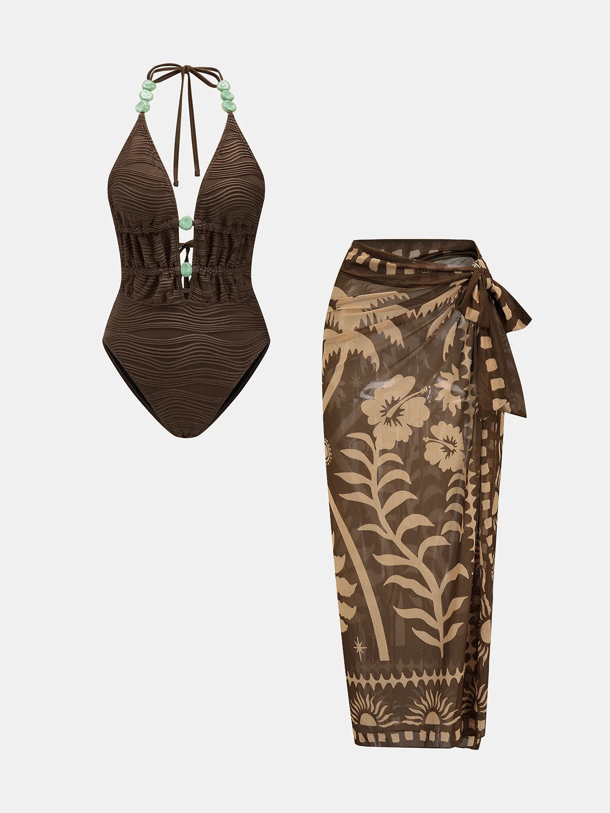 Beaded Textured One Piece Swimsuit & Sarong Set | Commense