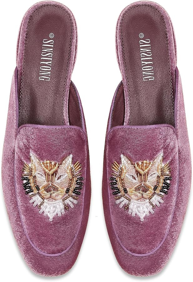 Embroidered Mules for Women Round Toe Backless Velvet Mules Tiger Head Pattern Loafers | Amazon (US)