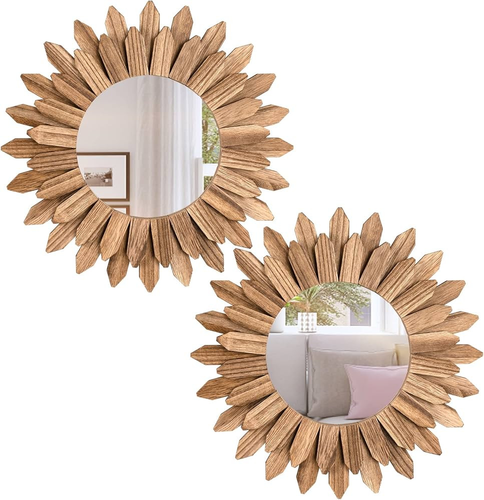 Honiway Boho Wall Decor Mirror 2 Pack Rustic Wood Mirror 12 inch Boho Mirror Home Decor Farmhouse... | Amazon (US)