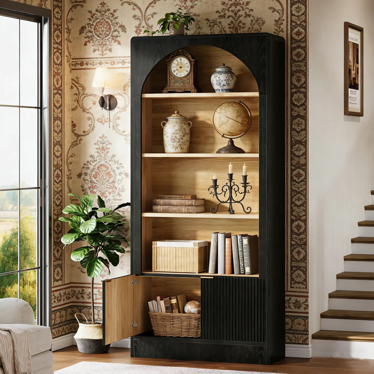 71" Tall Bookcase with 5-Tier Storage Cabinet and Fluted Doors | Wayfair North America