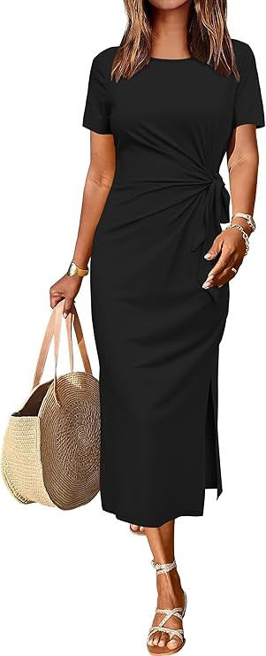 Newshows Women 2025 Summer Casual Dress Tie Waist T Shirt Short Sleeve Spring Crew Neck Slit Maxi... | Amazon (US)