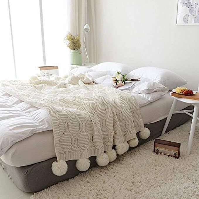 DOUH Pom Pom Knit Throw Blanket, 100% Cotton Soft Cable Knitted Blanket for Sofa and Couch(Ivory, 51 | Amazon (US)