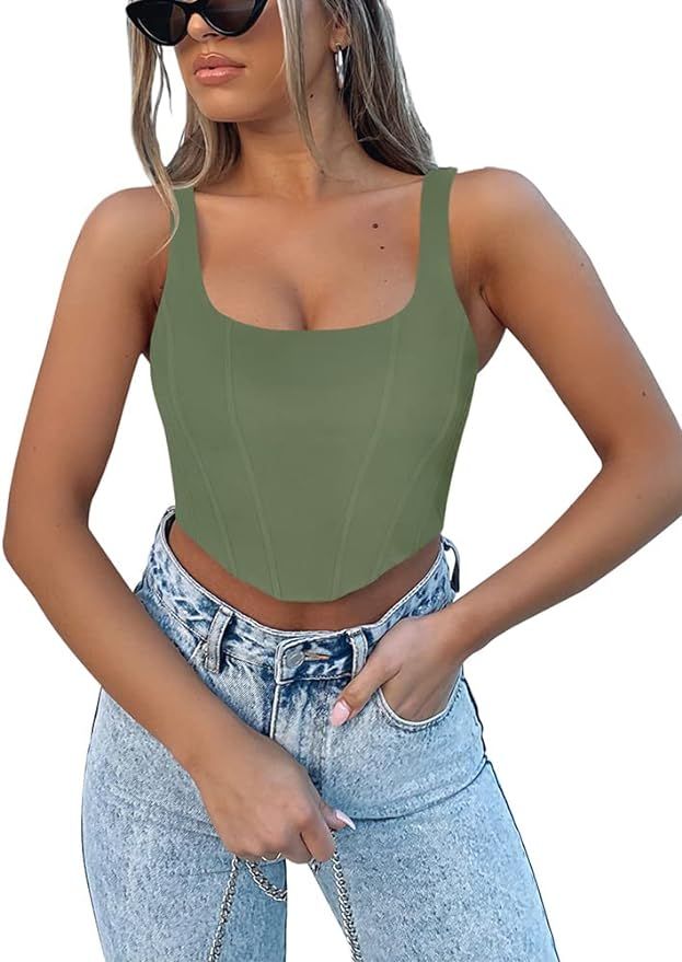 REORIA Women's Summer Sexy Square Neck Sleeveless Bustier Corset Crop Tank Tops | Amazon (US)