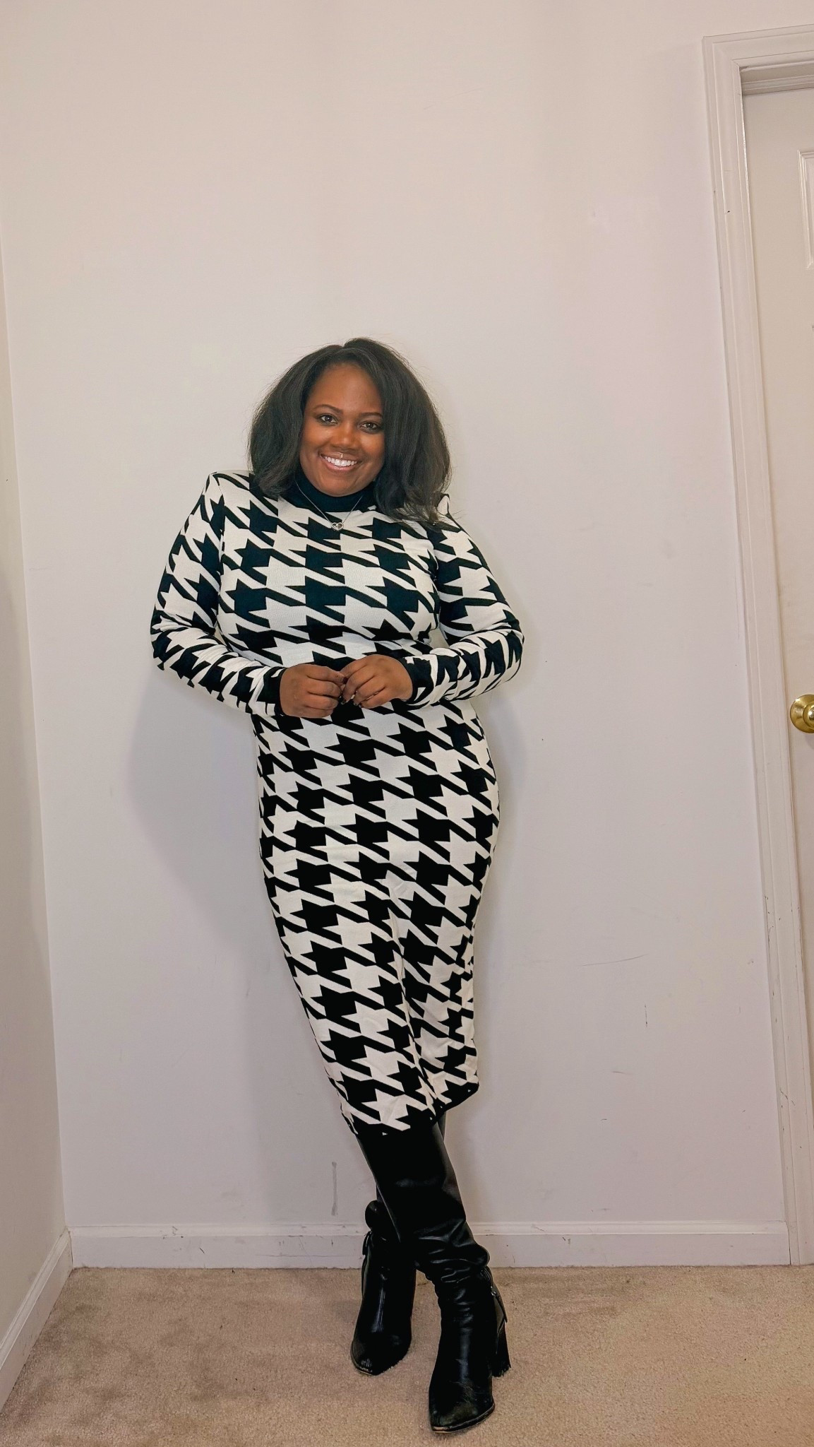 Outfit of the Week: Bold but Classic 🖤

Wore this black-and-white houndstooth dress on the first Sunday of the year and felt powerful, polished, and put together. The fit? Chef’s kiss.
But don’t box this in as just a church dress — it’s perfect for work, brunch, a winter date night, or anytime you want to serve elegance with zero effort.

Pair it with sleek black boots like I did or add a belt and a trench for extra flair.
We’re stepping into 2026 in bold prints, soft resets, and intentional looks.

💬 Drop a 🖤 if you’d rock this too.
🛍️ Shop the full look below and follow for more luxe-for-less finds.

#LTKFindsUnder50 #LTKootd #LTKOver40