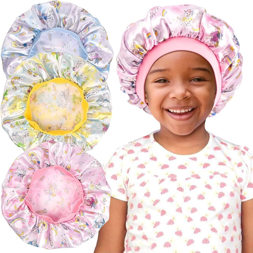 3 Pieces Kids Unicorn Satin Bonnet Wide Elastic Band Sleeping Cap Soft Silk Double Layer Night Ha... | Amazon (US)