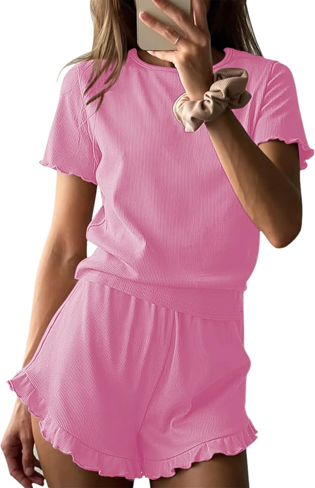 Ekouaer Ribbed Knit Lounge Sets Summer Short Sleeve Pajama Set Soft Pj Sets Ruffle Pjs Loungewear... | Amazon (US)