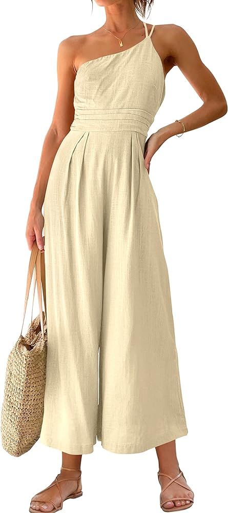 ANRABESS Women's Summer Straps One Shoulder Pleated High Waist Casual Wide Leg Jumpsuit Romper with  | Amazon (US)