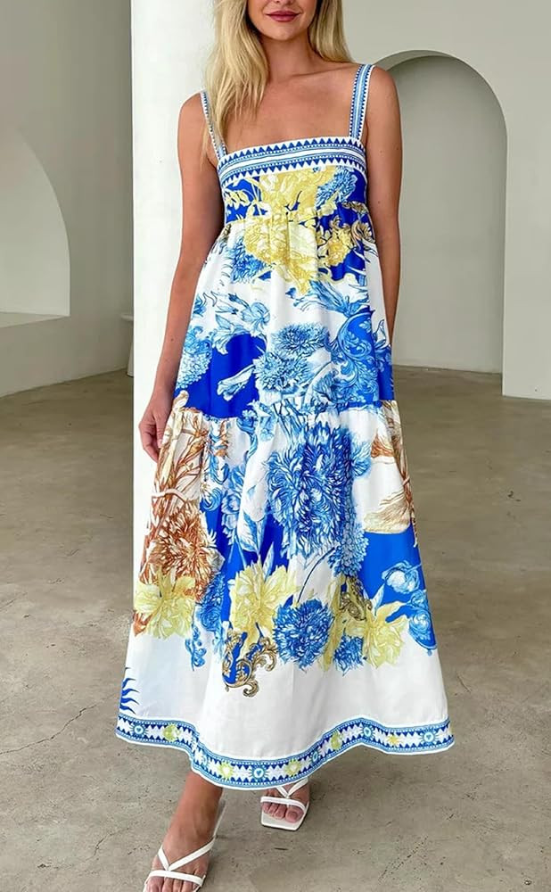 Women Boho Floral Maxi Dress Y2k Spaghetti Strap Backless Long Dress Beach Vacation A Line Swing ... | Amazon (US)