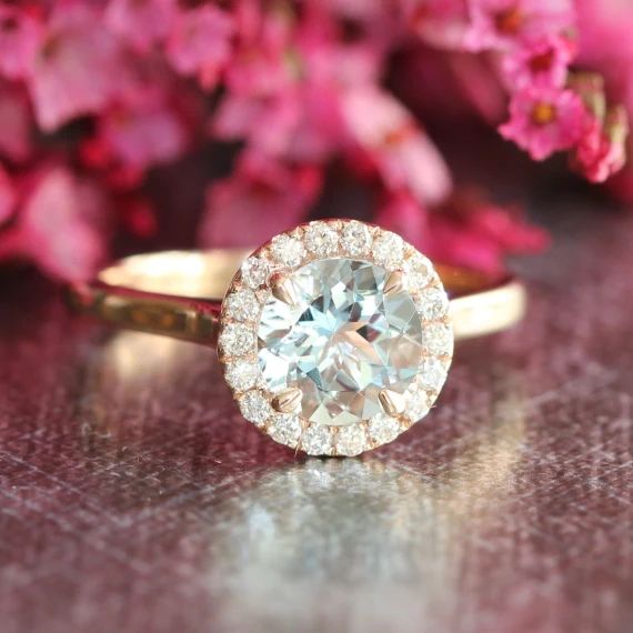 Rose Gold Aquamarine Halo Engagement Ring 14k Gold Diamond Wedding Band 7mm Gemstone Anniversary Rin | Etsy (US)