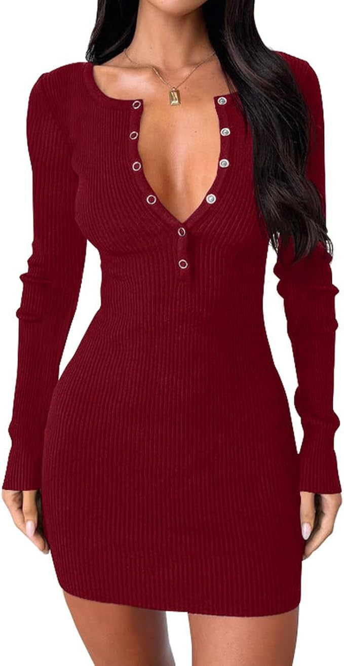 Dressmine Women Long Sleeve Sweater Dress 2025 Fall Sexy V Neck Button Down Bodycon Dresses Cockt... | Amazon (US)