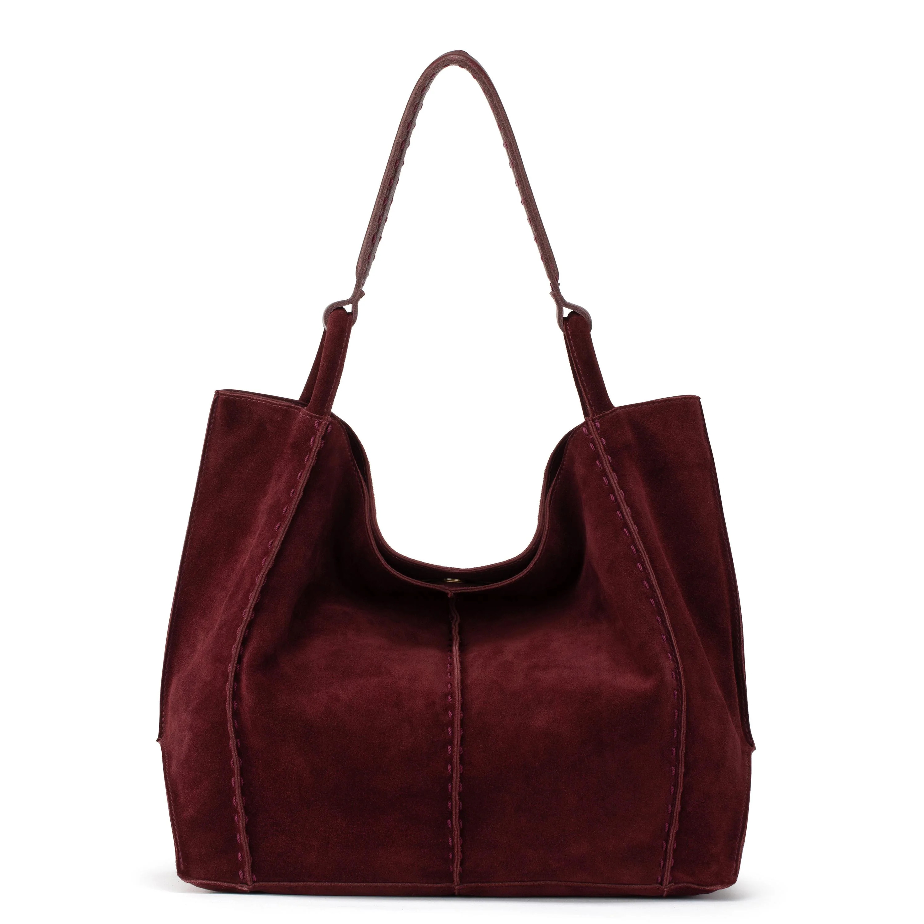 Los Feliz Large Tote - Leather - Black Cherry Suede | The Sak