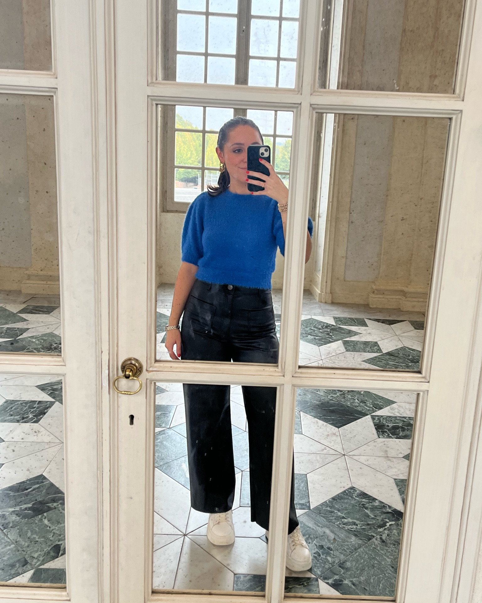 Blue fuzzy cropped shirt sleeve sweater with high waisted black wide leg leather pants from zara and white platform ash sneakers! Linked similar products below!

#LTKunder50 #LTKshoecrush #LTKstyletip