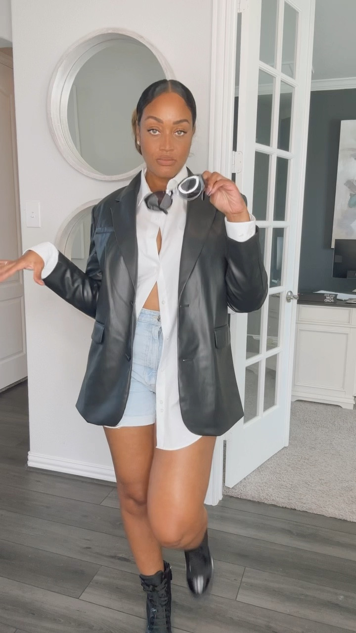 Casual chic outfit, oversized button down and a faux leather blazer 

#LTKover40 #LTKstyletip