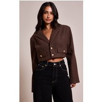 Petite Brown Pocket Detail Cropped Wool Look Blazer | PrettyLittleThing US