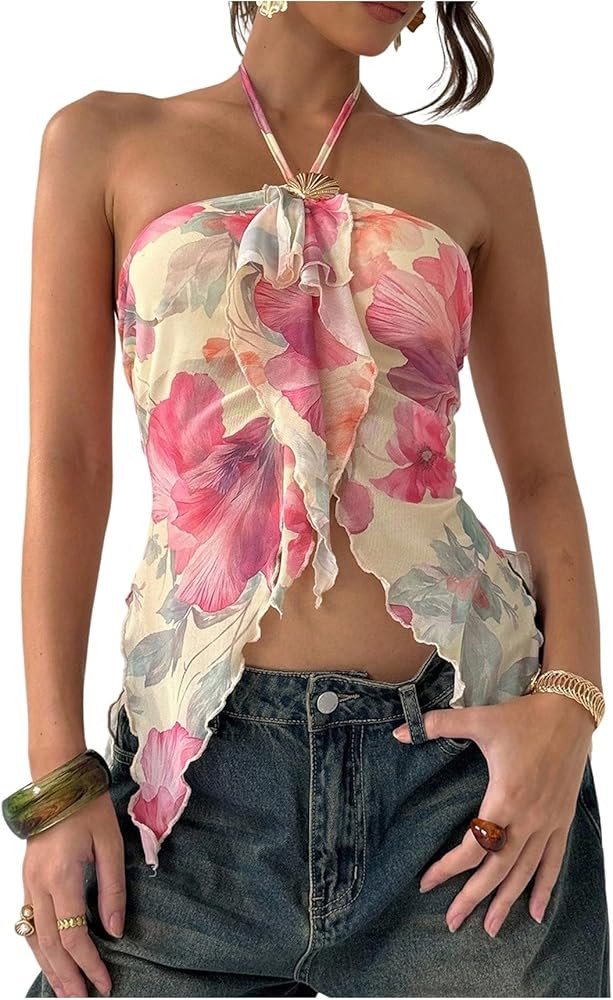 Milumia Women's Floral Mesh Ruffle Halter Top Metal Tie Backless Summer Vacation Cami Tops | Amazon (US)