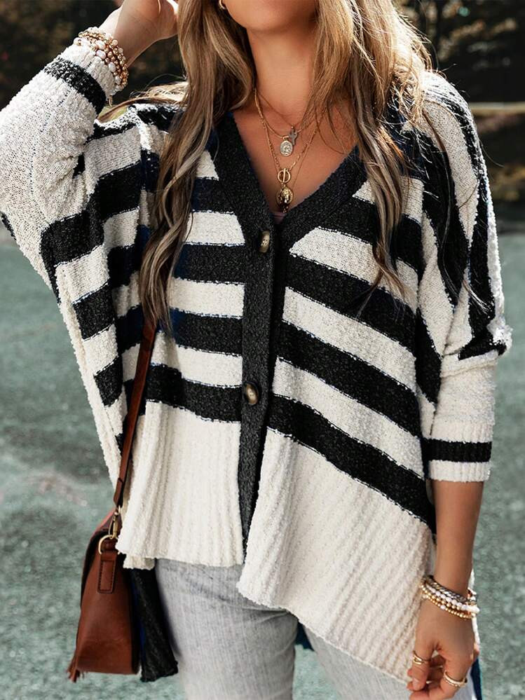 Astylish Women's V Neck Long Sleeve Striped Button Down Cardigan Sweaters High Low Fall Outwear,L... | SHEIN