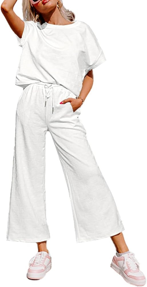 Glamaker Womens 2 Piece Outfits Lounge Sets Short Sleeve Loose Fit Top and Wide Leg Pants Set Swe... | Amazon (US)