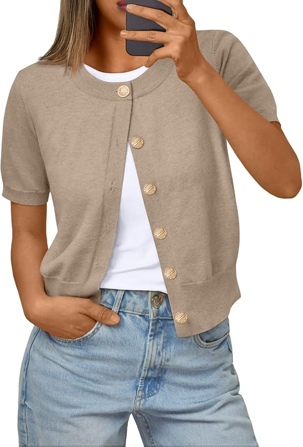 Trendy Queen Short Sleeve Cardigan Sweaters for Women Cropped Tops Summer 2026 Spring Outfits Cut... | Amazon (US)