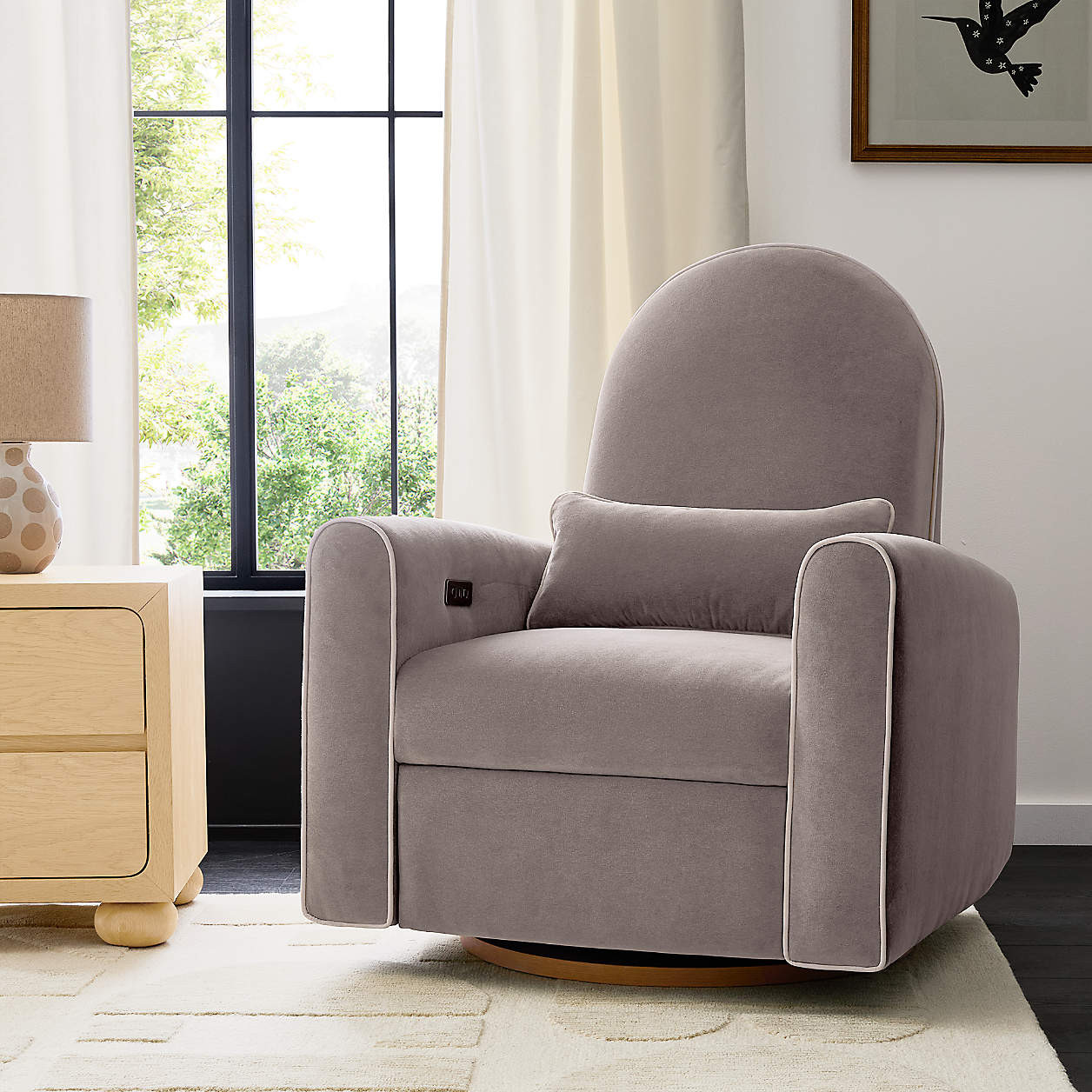 Miles Fawn Beige Velvet Nursery Power Recliner Swivel Club Chair with Electronic Control and USB ... | Crate & Barrel
