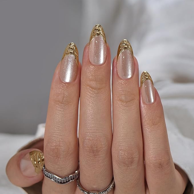 BTArtbox Press On Nails Almond - French Tip Press On Nails with 3D Sculpting Metallic Design, Med... | Amazon (US)