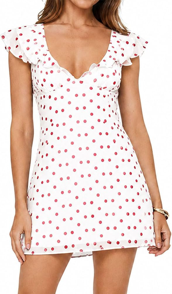 Women\u2019s Polka Dot Mini Dress Cap Sleeve A Line V Neck Slim Fit Summer Y2K Vintage Cocktail P... | Amazon (US)
