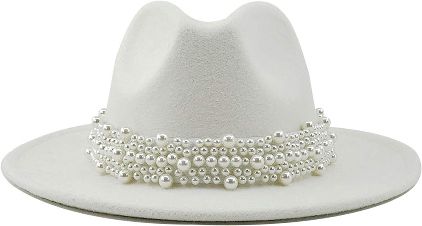 EOZY Women's Vintage Pearl Band Fedora Hat Trendy Wide Brim Trilby Panama Hat | Amazon (US)