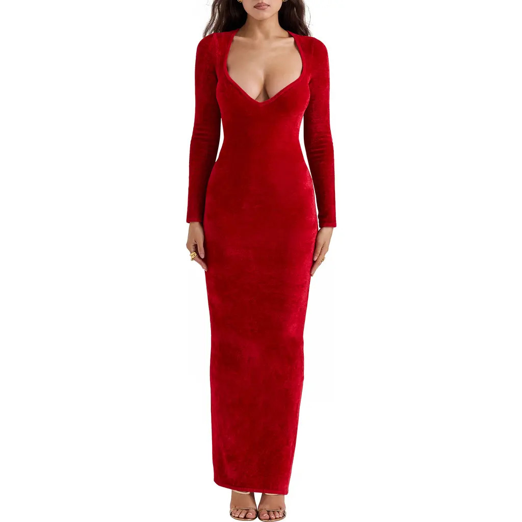 HOUSE OF CB Aria Long Sleeve Chenille Gown in Salsa at Nordstrom, Size Small | Nordstrom