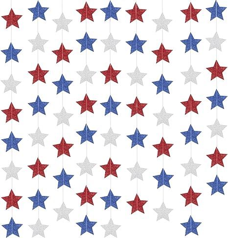 4th of July Decorations, 5 Strands Patriotic Star Banner Garland - Red, Blue & White, Fourth of J... | Amazon (US)