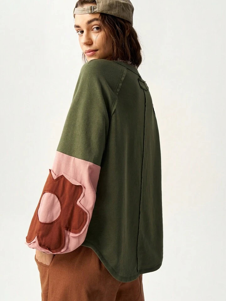 Bohemela Women's Solid Color Block Crew Neck Long Sleeve Floral Decor Sweatshirt, Casual Wear Fal... | SHEIN