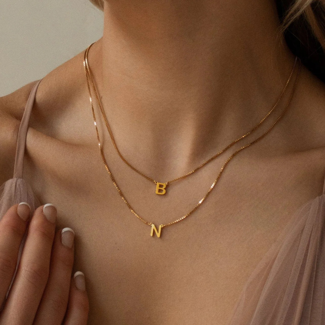 Alice Double Letter Necklace in Box Chain | Caitlyn Minimalist