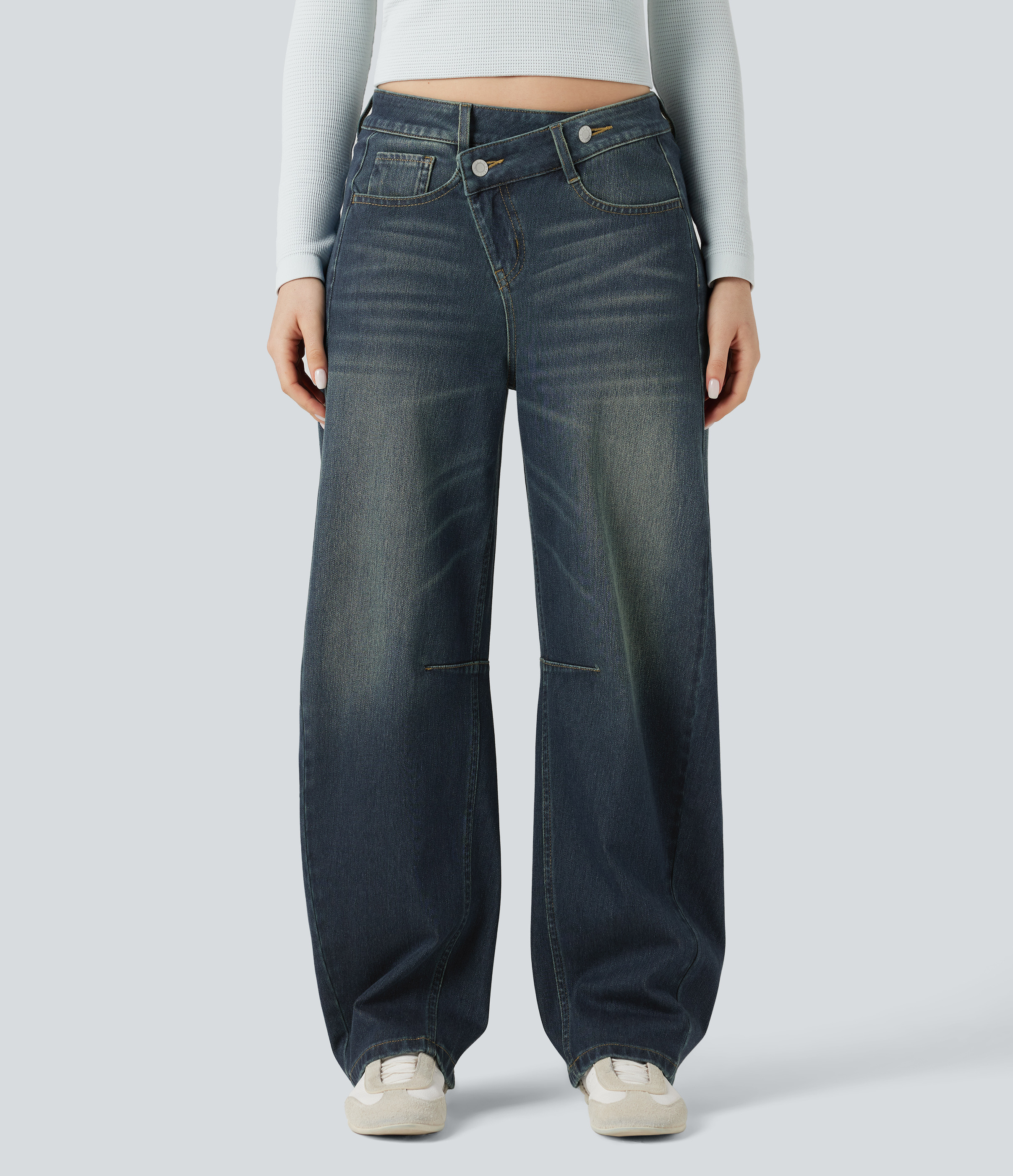 Halara Halara Flex™ Asymmetric Mid Rise Barrel Leg Washed Casual Jeans with Pockets - Blue Surf Denim - XS(regular) | HALARA