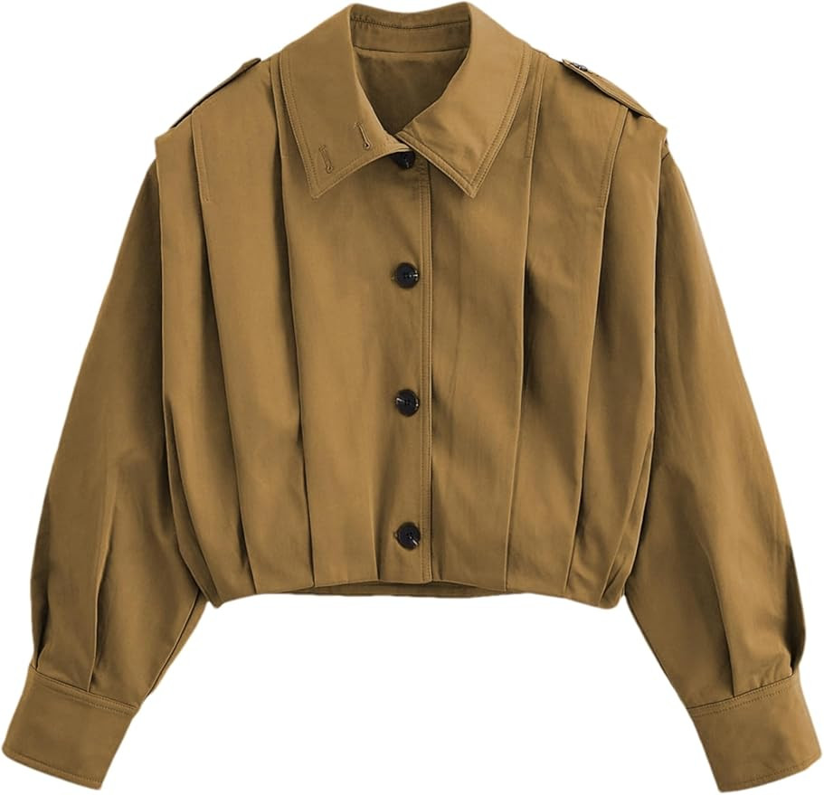 Agoeast Womens Cropped Pleated Jacket Lapel Long Sleeve Button Down Short Trench Coat Casual Tren... | Amazon (US)