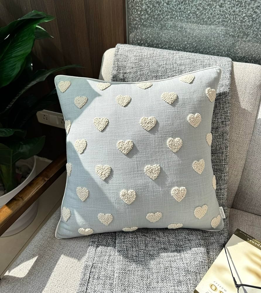 VAGMINE Hand Embroidered French Knotted Hearts Square Decorative Accent Throw Pillow Cover - Bedr... | Amazon (US)