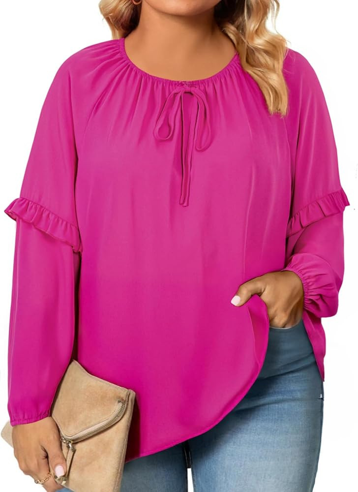 Eytino Womens Plus Size Tops Long Sleeve Crewneck Dressy Casual Chiffon Blouse Flowy Shirts(1X-5X... | Amazon (US)