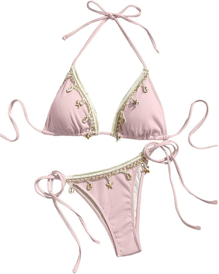 Verdusa Women's Sexy Halter Triangle Tie Side Bikini Set Ribbed Swimsuits 2 Piece Bathing Suit | Amazon (US)