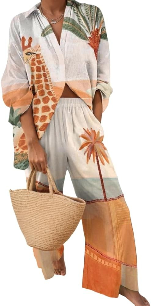 Akivide Womens Beach Vacation 2 Piece Outfits Long Sleeve Button Down Shirts and Matching Drawstr... | Amazon (US)